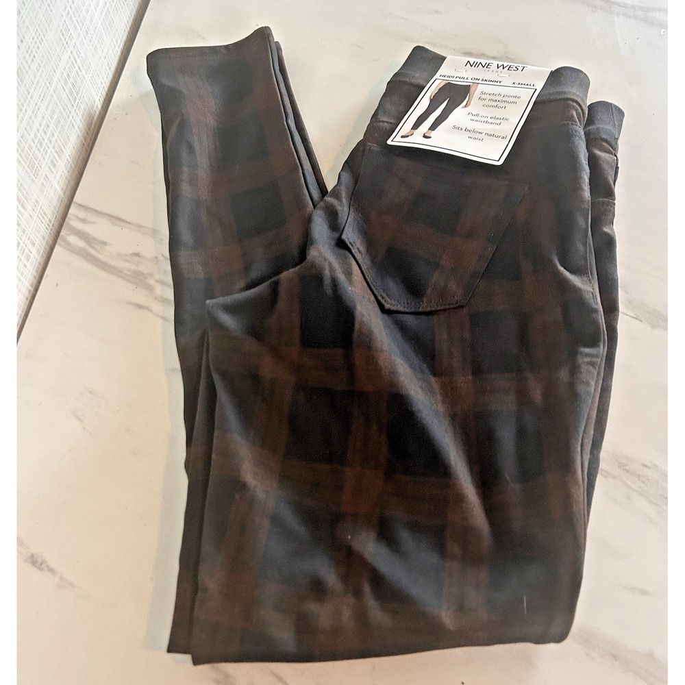 Nine West Ladies Heidi Pull On Skinny Pant XS Black Orange Muted Plaid New! BxFF